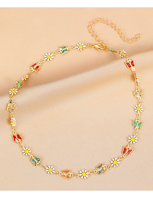 Copper Oil Drip Daisy Butterfly Necklace