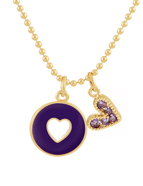 Deep Purple Titanium Steel Zircon Oil Drip Hollow Heart Pendant Bead Necklace